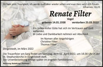 Traueranzeige von Renate Filter (geb. Vogel)  von Magdeburger Volksstimme
