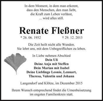 Traueranzeige von Renate Fleßner  von Magdeburger Volksstimme