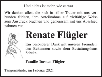 Traueranzeige von Renate Flügler  von Magdeburger Volksstimme