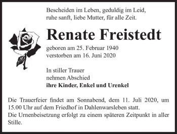 Traueranzeige von Renate Freistedt  von Magdeburger Volksstimme