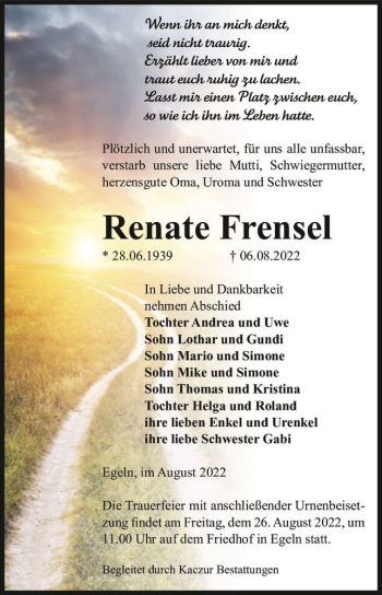Traueranzeige von Renate Frensel  von Magdeburger Volksstimme