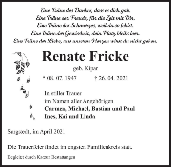 Traueranzeige von Renate Fricke (geb. Kipar)  von Magdeburger Volksstimme