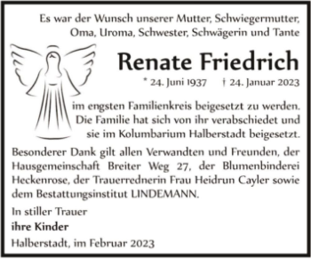 Traueranzeige von Renate Friedrich  von Magdeburger Volksstimme