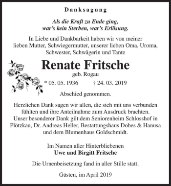 Traueranzeige von Renate Fritsche (geb. Rogau)  von Magdeburger Volksstimme