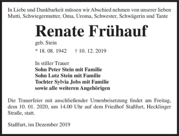 Traueranzeige von Renate Frühauf (geb. Stein)  von Magdeburger Volksstimme