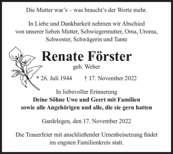Traueranzeige von Renate Förster (geb. Weber)  von Magdeburger Volksstimme
