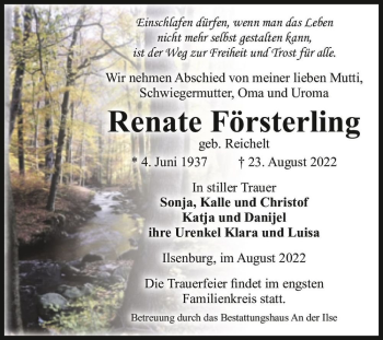 Traueranzeige von Renate Försterling (geb. Reichelt)  von Magdeburger Volksstimme