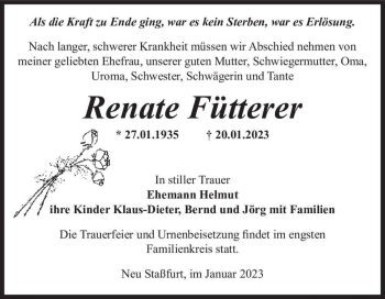 Traueranzeige von Renate Fütterer  von Magdeburger Volksstimme