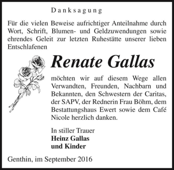 Traueranzeige von Renate Gallas  von Magdeburger Volksstimme