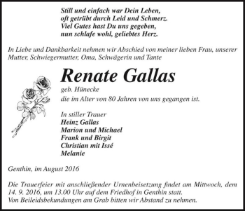 Traueranzeige von Renate Gallas (geb. Hünecke)  von Magdeburger Volksstimme