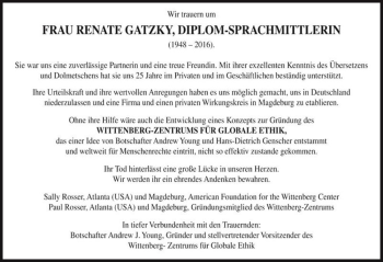 Traueranzeige von Renate Gatzky  von Magdeburger Volksstimme