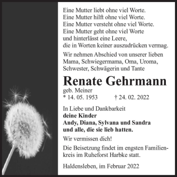 Traueranzeige von Renate Gehrmann (geb. Meiner)  von Magdeburger Volksstimme