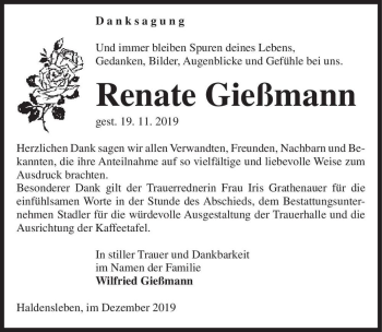 Traueranzeige von Renate Gießman  von Magdeburger Volksstimme