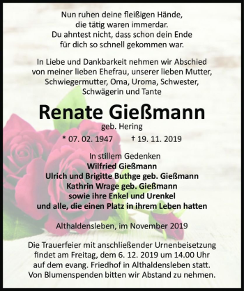 Traueranzeige von Renate Gießmann (geb. Hering)  von Magdeburger Volksstimme