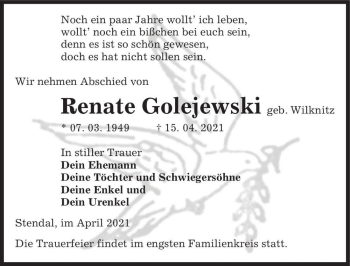 Traueranzeige von Renate Golejewski (geb. Wilknitz)  von Magdeburger Volksstimme