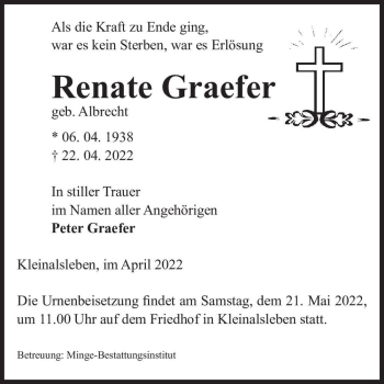 Traueranzeige von Renate Graefer (geb. Albrecht)  von Magdeburger Volksstimme