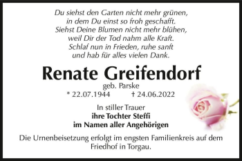 Traueranzeige von Renate Greifendorf (geb. Parske)  von Magdeburger Volksstimme