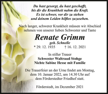 Traueranzeige von Renate Grimm (geb. Schnelle)  von Magdeburger Volksstimme