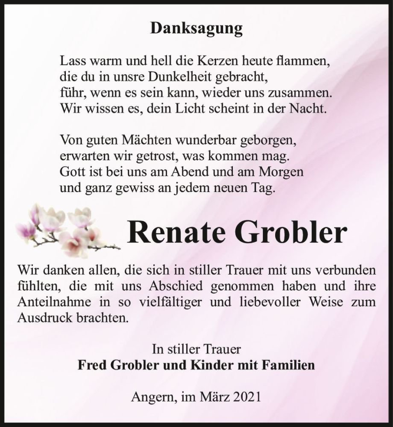  Traueranzeige für Renate Grobler  vom 27.03.2021 aus Magdeburger Volksstimme