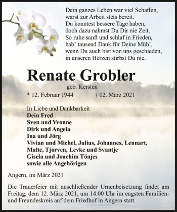 Traueranzeige von Renate Grobler (geb. Kersten)  von Magdeburger Volksstimme