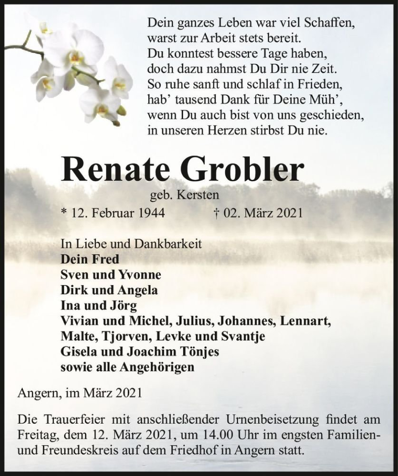  Traueranzeige für Renate Grobler (geb. Kersten)  vom 06.03.2021 aus Magdeburger Volksstimme