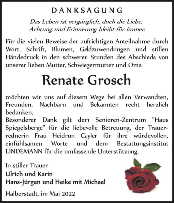 Traueranzeige von Renate Grosch  von Magdeburger Volksstimme
