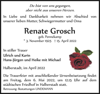 Traueranzeige von Renate Grosch (geb. Pennekamp)  von Magdeburger Volksstimme