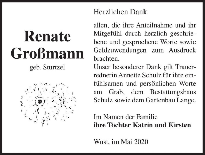  Traueranzeige für Renate Großmann (geb. Sturtzel)  vom 09.05.2020 aus Magdeburger Volksstimme