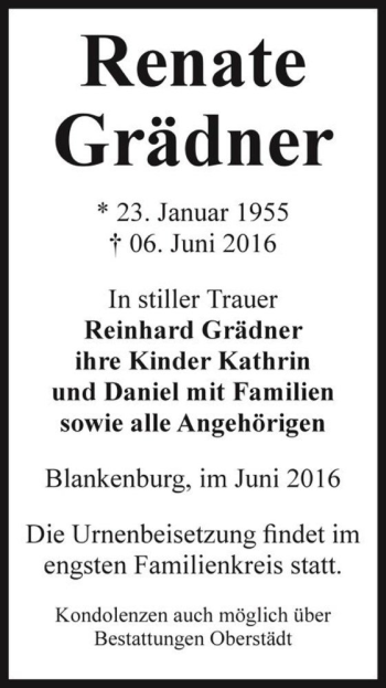 Traueranzeige von Renate Grädner  von Magdeburger Volksstimme