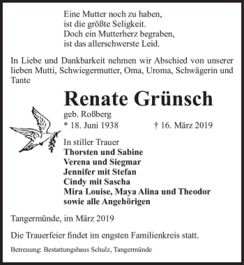 Traueranzeige von Renate Grünsch (geb. Roßberg)  von Magdeburger Volksstimme
