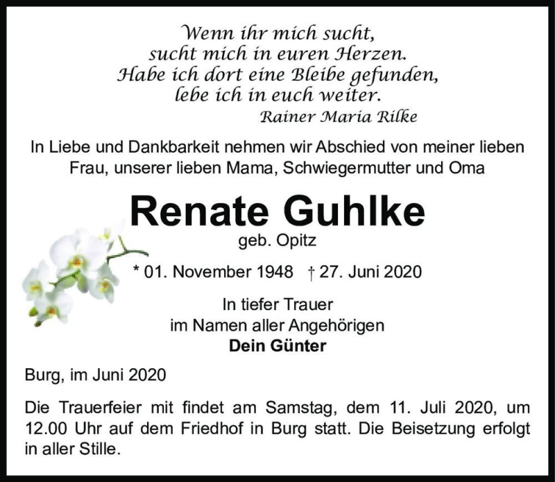  Traueranzeige für Renate Guhlke (geb. Opitz)  vom 04.07.2020 aus Magdeburger Volksstimme