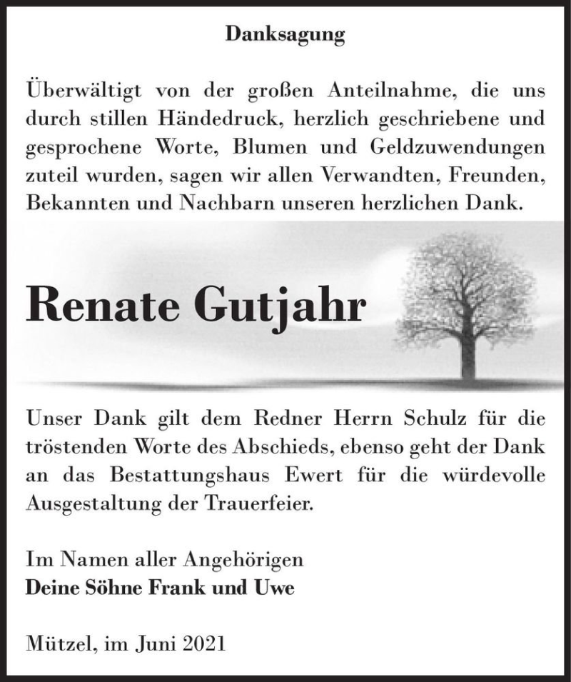  Traueranzeige für Renate Gutjahr  vom 19.06.2021 aus Magdeburger Volksstimme