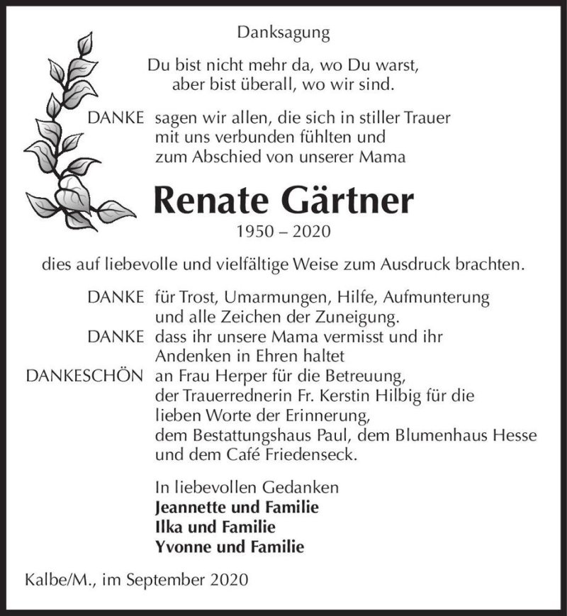  Traueranzeige für Renate Gärtner  vom 26.09.2020 aus Magdeburger Volksstimme