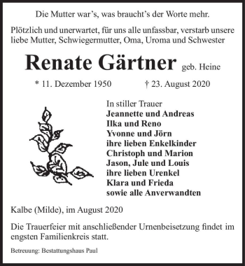 Traueranzeige von Renate Gärtner (geb. Heine)  von Magdeburger Volksstimme