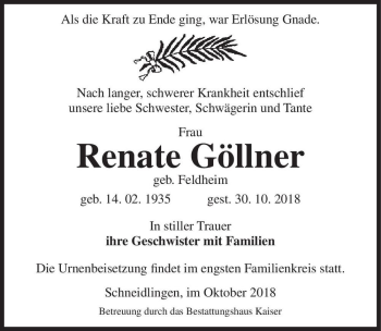 Traueranzeige von Renate Göllner (geb. Feldheim)  von Magdeburger Volksstimme
