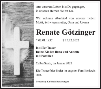 Traueranzeige von Renate Götzinger  von Magdeburger Volksstimme