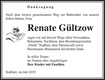 Traueranzeige von Renate Gültzow  von Magdeburger Volksstimme