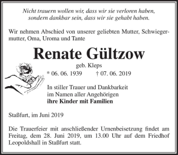 Traueranzeige von Renate Gültzow (geb. Kleps)  von Magdeburger Volksstimme
