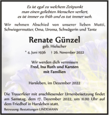 Traueranzeige von Renate Günzel (geb. Hielscher)  von Magdeburger Volksstimme