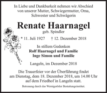 Traueranzeige von Renate Haarnagel (geb. Spindler)  von Magdeburger Volksstimme