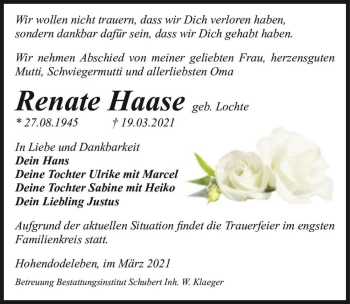 Traueranzeige von Renate Haase (geb. Lochte)  von Magdeburger Volksstimme