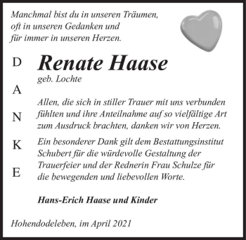 Traueranzeige von Renate Haase (geb. Lochte)  von Magdeburger Volksstimme