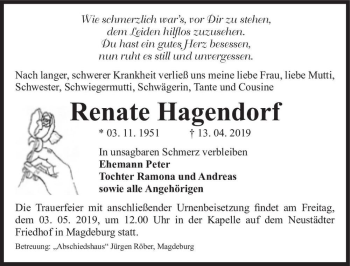 Traueranzeige von Renate Hagendorf  von Magdeburger Volksstimme