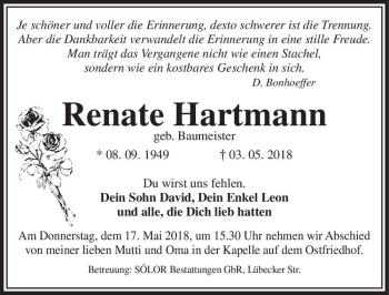 Traueranzeige von Renate Hartmann (geb. Baumeister)  von Magdeburger Volksstimme