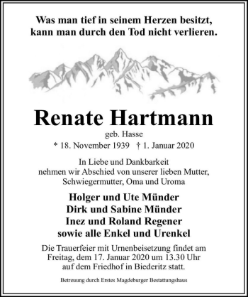 Traueranzeige von Renate Hartmann (geb. Hasse)  von Magdeburger Volksstimme