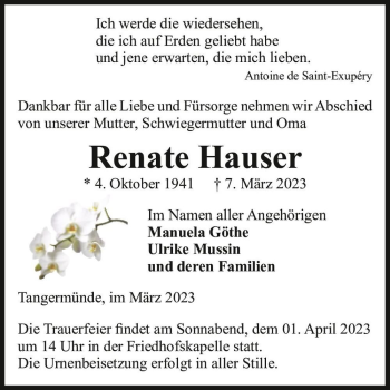 Traueranzeige von Renate Hauser  von Magdeburger Volksstimme