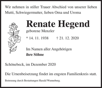 Traueranzeige von Renate Hegend (geb. Menzler)  von Magdeburger Volksstimme