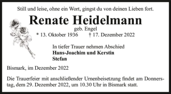 Traueranzeige von Renate Heidelmann (geb. Engel)  von Magdeburger Volksstimme