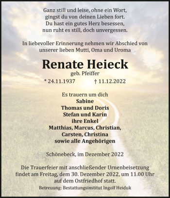 Traueranzeige von Renate Heieck (geb. Pfeiffer)  von Magdeburger Volksstimme