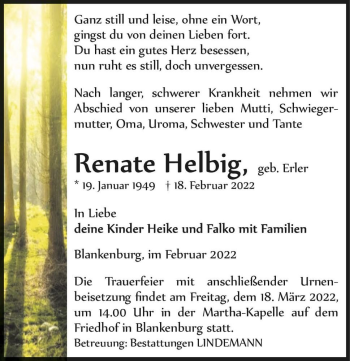 Traueranzeige von Renate Helbig (geb. Erler)  von Magdeburger Volksstimme